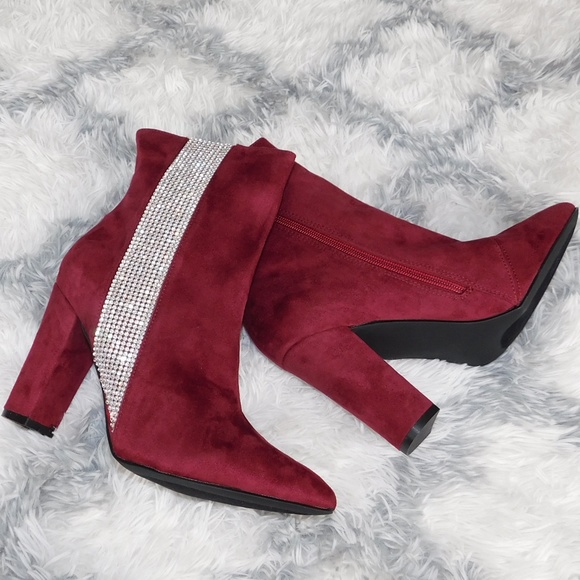 Burgundy Suede Rhinestone Ankle Boot - Picture 1 of 6